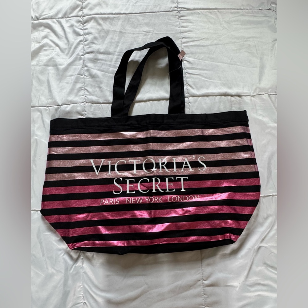 Victoria's Secret Black and Metallic Pink Striped Tote